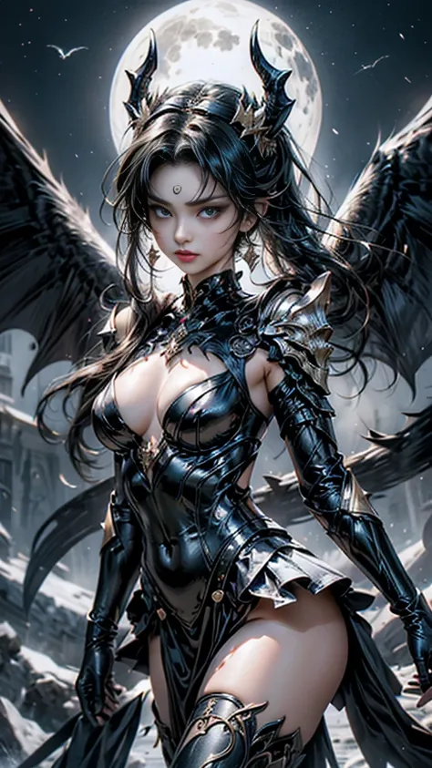 A sexy, tight-fitting but not revealing leather outfit that combines the perfect dynamic elements.: 1.7, Subtle tattoos: 1.6, Fine jewelry: 1.6, Highly detailed skin and facial features: 1.3, Arm and leg details, wings on shoulder, Wings of God and Demon, ...