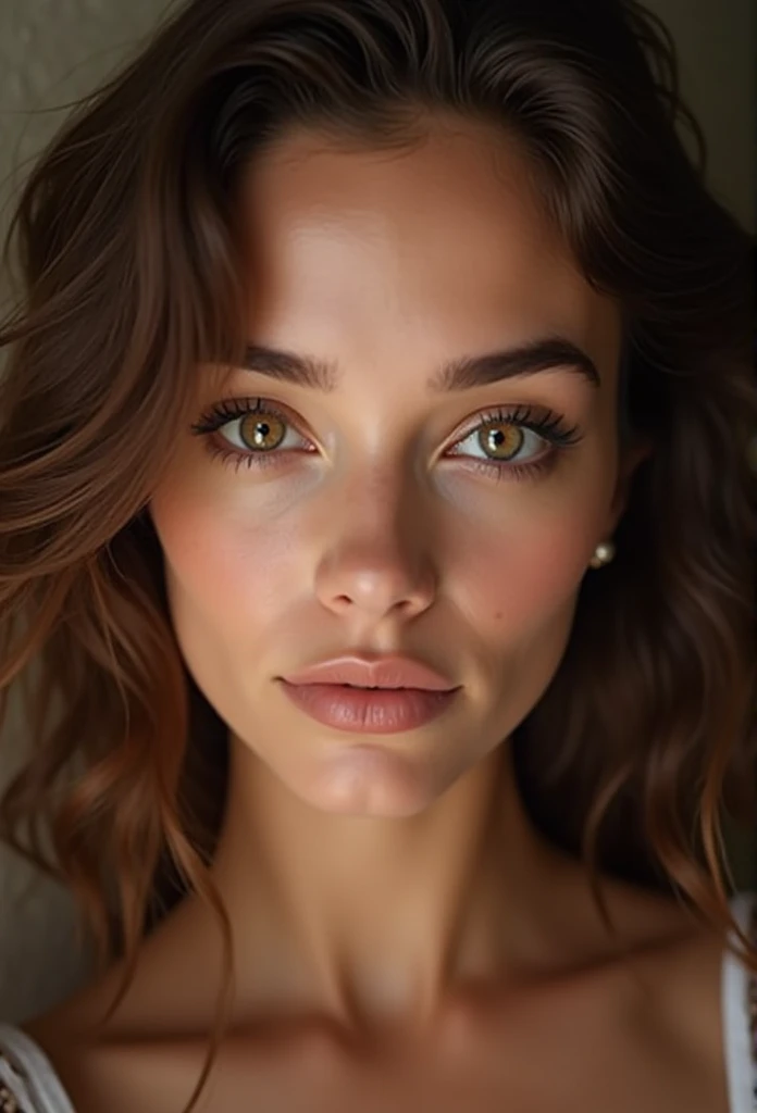 femme arafée avec , fille sexy aux yeux marrons, Portrait Sophie Mudd, cheveux bruns et grands yeux, selfie d&#39;une jeune femme, yeux de la chambre, violette myers, sans maquillage, maquillage naturel, regarder directement la caméra, visage avec artgram,...