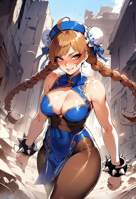 masterpiece,best quality,extreme detail,8k,cammyfn, 1girl, solo, long hair, breasts, blue eyes,brown blonde hair, large breasts, gloves, red hat, braid, ahoge, twin braids, leotard, lips, makeup, beret, scar, antenna hair, nose, harness, huge ahoge, green ...