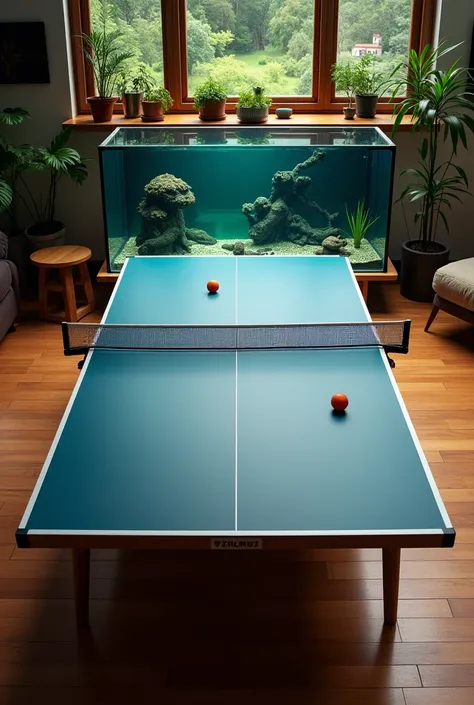 Help create a picture with a ping pong table with a fish tank under the table. I want it to be a birds-eye view.