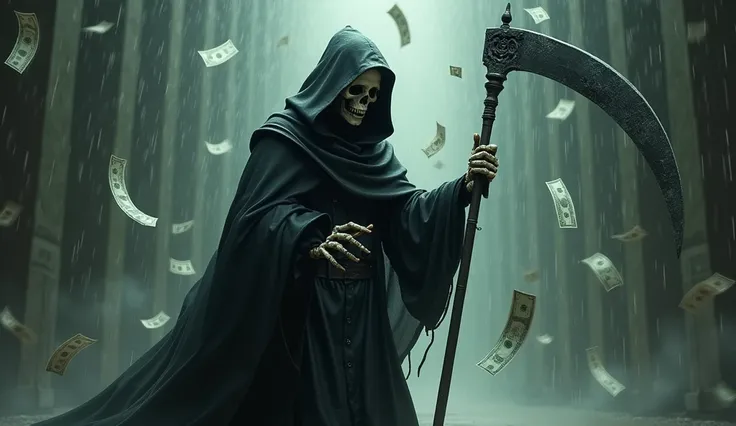 Grim Reaper with his scythe walking through the rain of money