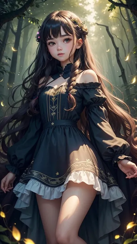 16-year-old, cute, fantasy, fair skin, long wavy hair, dress, night forest, fireflies 