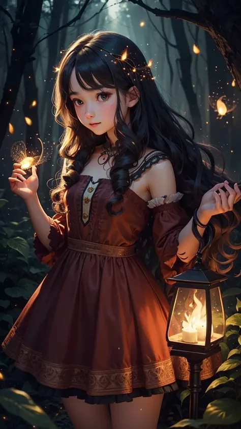 16-year-old, cute, fantasy, fair skin, long wavy hair, dress, night forest, fireflies 