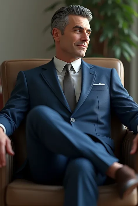 "A man wearing a blue suit sitting on a chair with a simple gentleman haircut in a realistic style."