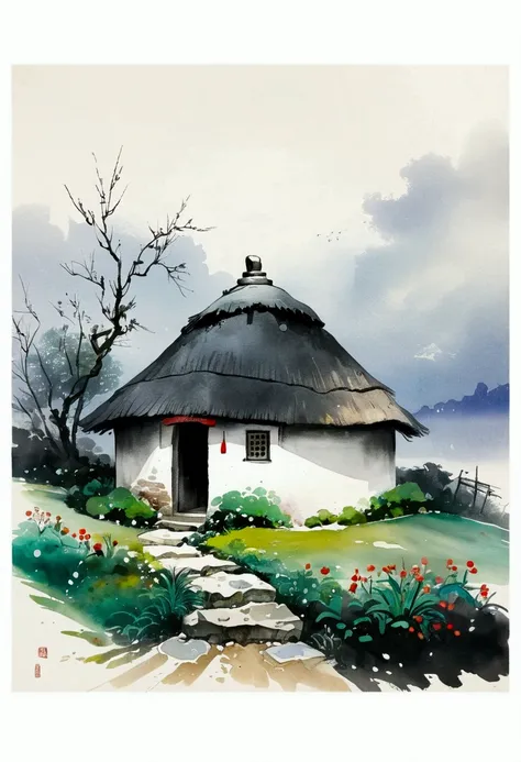 Sky占比2/3.Chinese Ink Painting Sketch：Freehand，artistic conception:2.Dot，A small thatched hut on a winding path - chimney，Minimalism，White background。(((Negative Space:2,Large area of blank:2, Bottom left corner composition)))