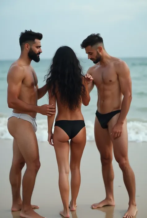 With wavy black hair on the beach, White skinned, barefoot, bikini woman. 3 men touching a woman