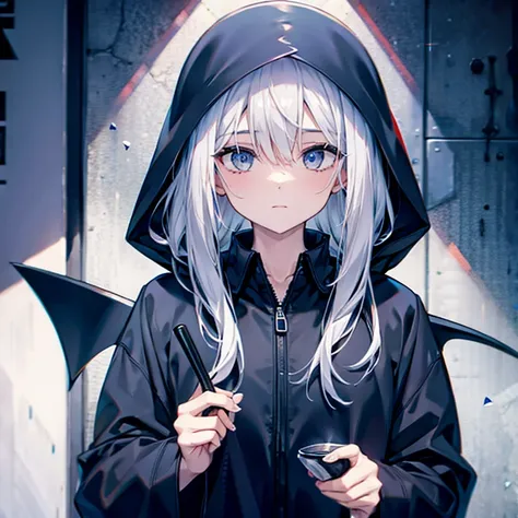 (((Grim Reaper&#39;s Scythe))) (((A girl with short white hair and blue eyes)))，((Full moon at night, my big wings))，(Hoodie, black camisole, purple light)， Nervous expression Shiny background Shiny edges,The cruel world of Grimm&#39;s fairy tales、witch、巨大...