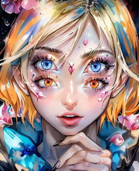 anime 4D vivid color elf vampire and fun power magical, rough sexy android 18 + Sakura fashion grunge fashion top view (holding esferas do dragão dbz in hands) dystopian ugh shading Surréalisme watercolor painting style stylize 1000 line art watercolor was...