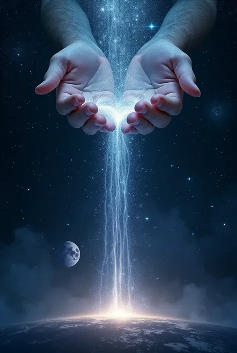 Draw a waterfall flowing from hands in the middle of space down to a world below, but instead of water, the waterfall is made of stars, meteorites and star dust. Stars are scattered all over the leaf, filling in the blanks.