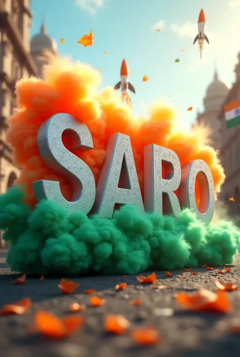 Create a large, stylized letter “SARO” decorated with and smoke colors and elements of the Indian flag in street. The setting appears to be a indian national flag, as indicated by the independence equipment, including a beautiful cloud, and indian national...