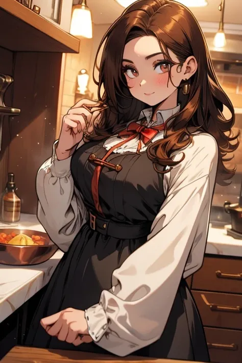 Perfect face. Perfect hands. A brown haired woman with copper eyes and an hourglass figure in a Lolita dress is stting on a counter in a fancy kitchen