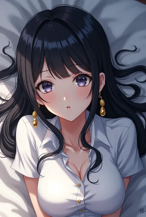 anime girl with long black hair and white shirt with gold earrings, albedo from the anime overlord, albedo from overlord, zenra taliyah, official art, anime visual of a young woman, detailed anime character art, portrait knights of zodiac girl, detailed ke...