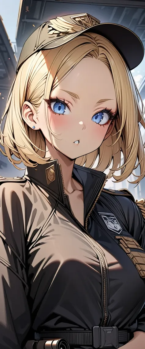 Bobcut　Blonde　forehead　Nazis　Black costume　Army Costume　Army Caps　((Shoulder jacket))　pistol　((Loose-fitting clothing))　((Upper Body))　Big eyes　Blue eyes　Mouth closed　Highest quality　Super detailed　detailed woman　High quality　8k　