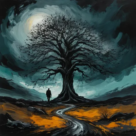 A legend walking towards a lone tree in a wild, acrylic painting, calm, majestic, desperate, unstoppable, digital painting, expressionism, dramatic, nostalgic memories, dark tones, gloomy, emotionally profound, epic scene, acrylic painting, lone tree, dark...