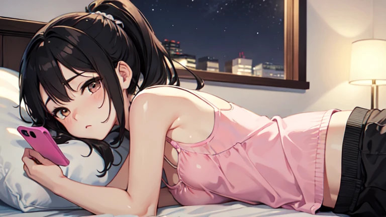 ((best quality)), ((masterpiece)), (detailed), 1girl,  loli female, small medium height, black hair, medium hair, ponytail, brown eyes, pink tanktop, korean short pants, tiny small breast, sad face, look to her phone, lay in bed, night, bedroom background