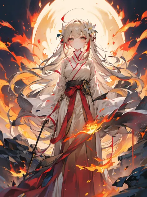 One girl, bangs, breathing fire, combustion, Burnt clothes, 残りfire, Ahoge, Beige Hair, Multicolored Hair, fire, inflammation, inflammationの剣, (Put your hand on the handle), Are standing, Long Hair,  Pyrokinesis, Expressionless, cigarette, flower(symbol),  ...