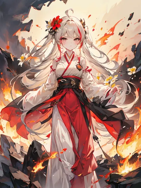 One girl, bangs, breathing fire, combustion, Burnt clothes, 残りfire, Ahoge, Beige Hair, Multicolored Hair, fire, inflammation, inflammationの剣, (Put your hand on the handle), Are standing, Long Hair,  Pyrokinesis, Expressionless, cigarette, flower(symbol),  ...