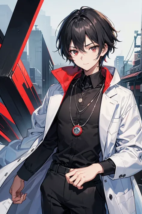 Highest quality, 16K, masterpiece :1.3　Ultra-high resolution　No abnormalities in detail　Detailed face　boy　Male　neutral　cool　Small stature　Black hair that reaches down to the eyes　Black and red odd eyes　Detailed Eyes　Wearing a doctors lab coat　Black shirt　A...