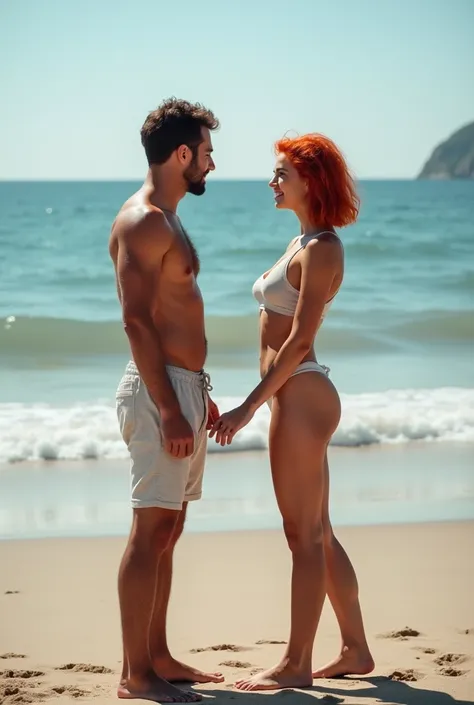 On the beach, short red hair, 2 barefoot women. Men touching women