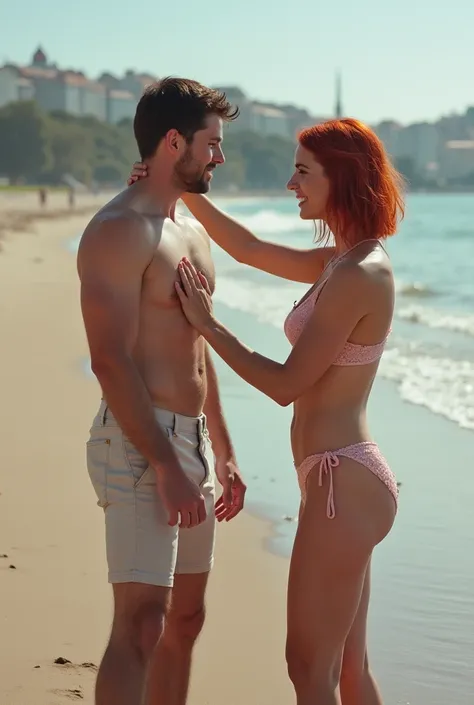 On the beach, short red hair, 2 barefoot women. Men touching women