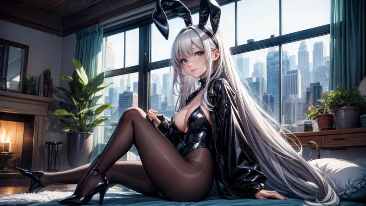 Highest quality、、(Bunny girl)、Plain black stockings、High heels、Black enamel bunny suit、Show Viewer、Angle from behind、W sitting、smile、Futuristic Living Room、indirect lighting、Room with houseplants、From the window you can see the valley between the city&#39;...