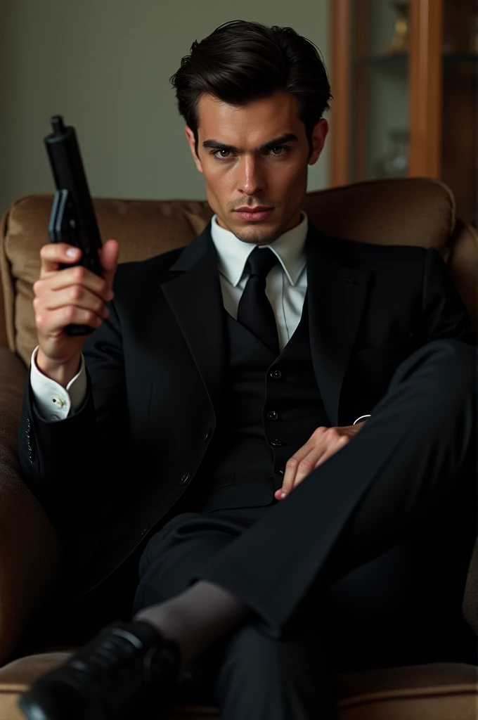 A handsome young man with a sharp, defined face in a black suit is sitting cross-legged on a sofa, holding a gun in his left hand.