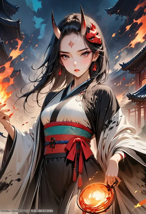 (Masterpiece, Top quality, Best quality, Official art, Beautiful and aesthetic:1.2), Ink painting, (((Very detailed forehead tattoo))), (((Wearing Anbu mask)))A tempting devil,1 girl, wearing a kimono, (2 small oni horns:1.6), fire around her, Glowing body...