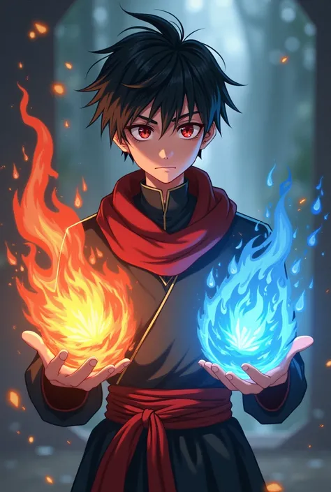 Young anime style boy with black hair, red eyes, and a short beard,becomes a supreme mage with two orbs in his hand, one fire element and the other water element.,