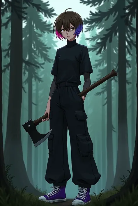 Create an image of a 15 year old effeminate male with short brown hair with two pink and blue streaks, one eye is brown and the other is white. He is in the pine forest holding an axe. He wears a tight black short-sleeved blouse and black wide-leg pants wi...