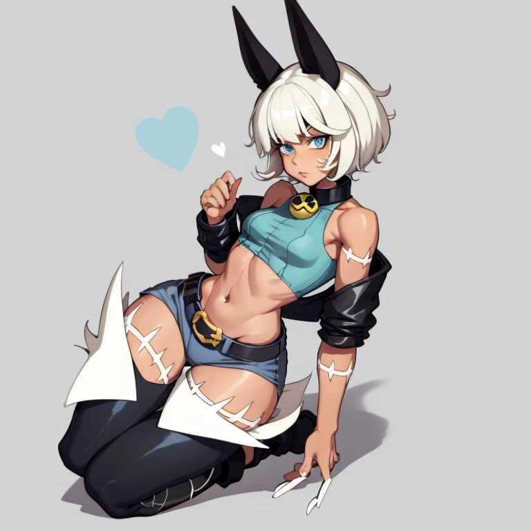 Single boy, Anime Femboy, Short, Long white hair, dog ears, blue eyes, short jeans, thigh high socks, black combat boots, open jacket, flat chest, super flat chest, tank top, solo femboy, only one femboy ((FLAT CHEST))