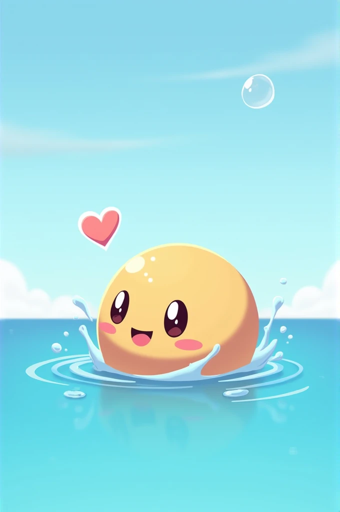 A smiling, cartoonish sphere partially submerged in clear blue water, creating small splashes around its base. The background features a serene blue sky with a few light bubbles and a floating heart graphic above the sphere, adding a cheerful touch to the ...