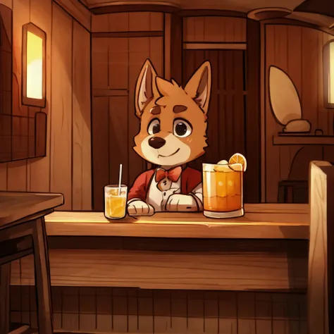 Big watery eyes,Warm island atmosphere,More soft details and shadows Corgi waiter:1.1),A large glass of iced lemonade,inside the Spanish bar. Spanish bar，There is a wooden counter on the left, Theres an open door in the back, And the scenery of the Spanish...