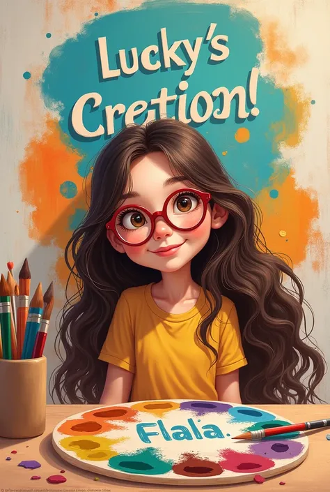 Create a girl with a spectacles in her beautiful eyes long hair cute smile "Lucky S Creation" name written in her art pallette 