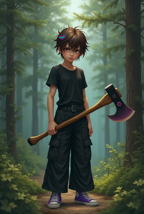 Create a realistic image of an effeminate 15-year-old boy with short brown hair with two pink and blue streaks., one eye is brown and the other is white. He is in the pine forest holding an axe. He wears a tight black short-sleeved blouse and black wide-le...