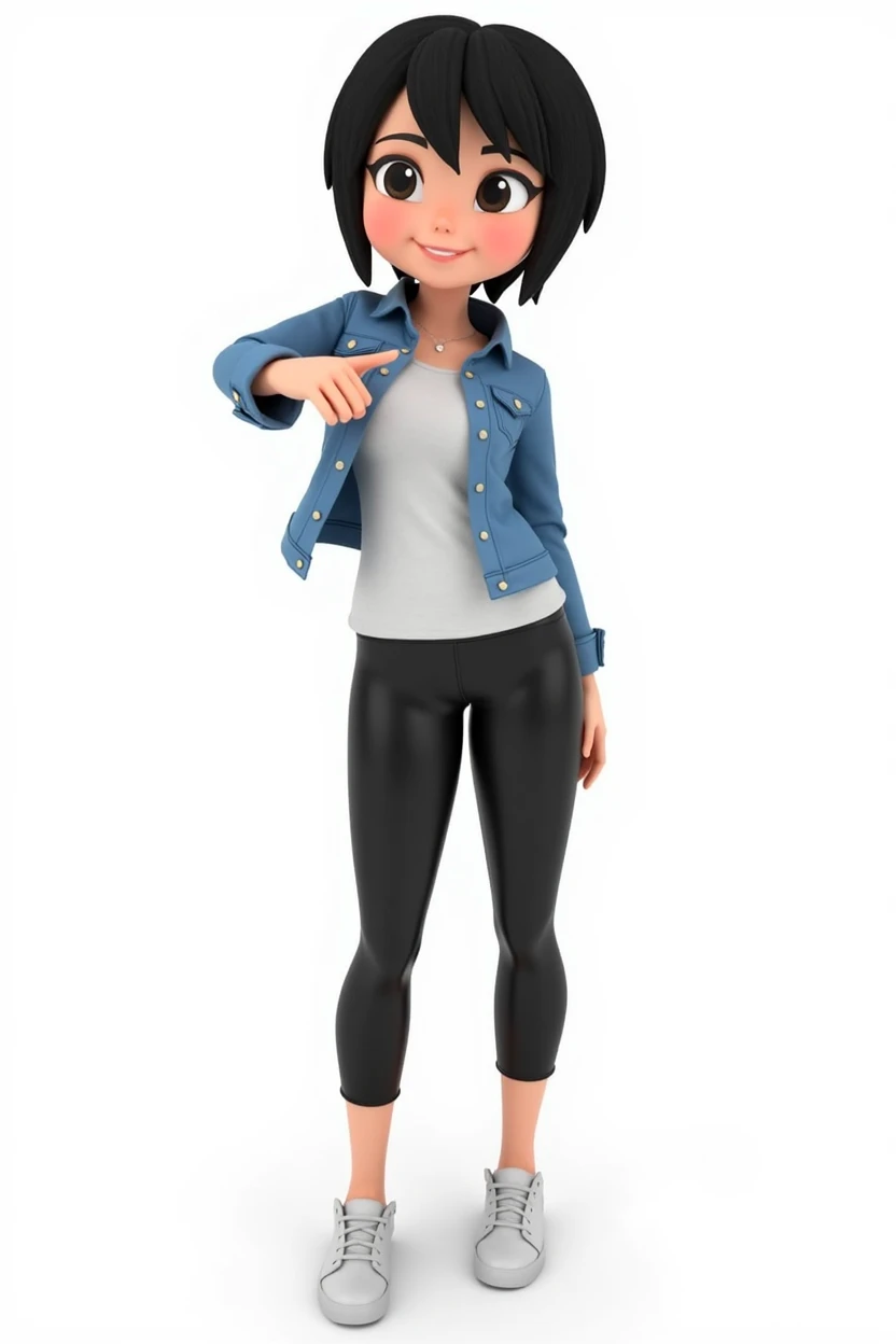 3D Character, Female, Very short black hair, black eyes, wearing a white shirt and denim jacket, black leggings, sneakers, white background, pointing to the right side and looking forward.