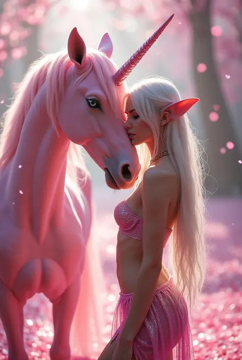 Hyperrealism cinematic film still, 8K, highly detailed and realistic. In an enchanting, pink-toned magical garden, a breathtakingly beautiful albino woman with striking blue eyes and delicate freckles on her face stands next to a majestic pink unicorn. The...