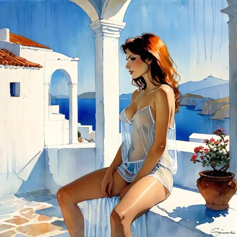 erotism, sexly, see-through camisole, Luxurious room, open terrace overlooking the typical Greek village, tmari, outline, Traditional media, pen drawing, white background (art inspired by Bill Sienkiewicz). oil painting)
