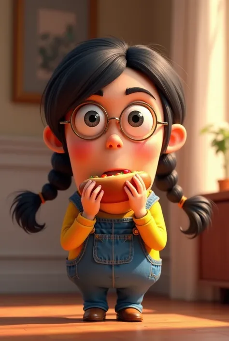 Agnes, a character from Despicable Me, eating a hot dog