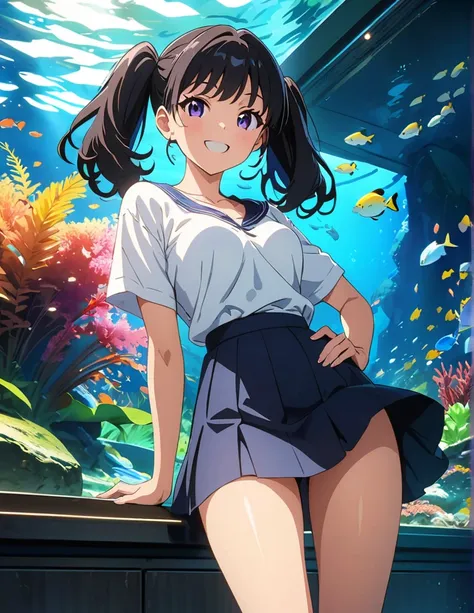 (anime artwork, anime style, studio anime, very detailed, up to date, vibrant, Anime Coloring, high contrast, masterpiece:1.2, best quality, best aesthetics),1 girl, Medium chest, A glimpse of thighs,happy,aquarium, smile, summer clothes,