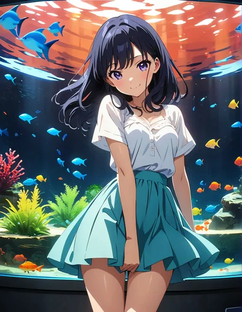 (anime artwork, anime style, studio anime, very detailed, up to date, vibrant, Anime Coloring, high contrast, masterpiece:1.2, best quality, best aesthetics),1 girl, Medium chest, A glimpse of thighs,happy,aquarium, smile, summer clothes,