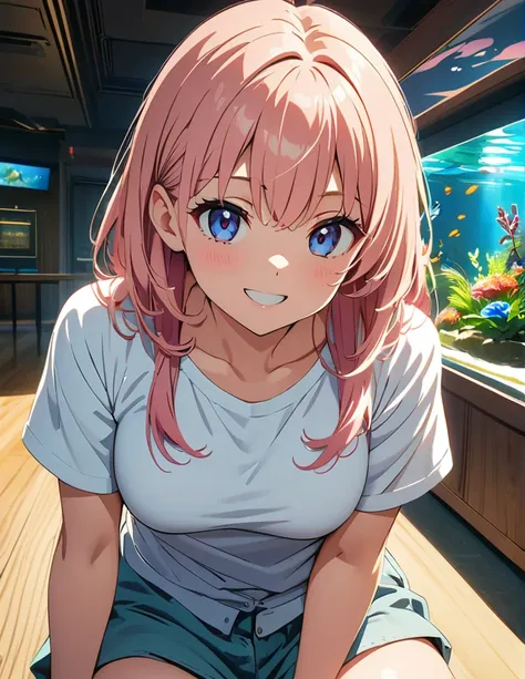 (anime artwork, anime style, studio anime, very detailed, up to date, vibrant, Anime Coloring, high contrast, masterpiece:1.2, best quality, best aesthetics),1 girl, Medium chest, A glimpse of thighs,happy,aquarium, smile, summer clothes,