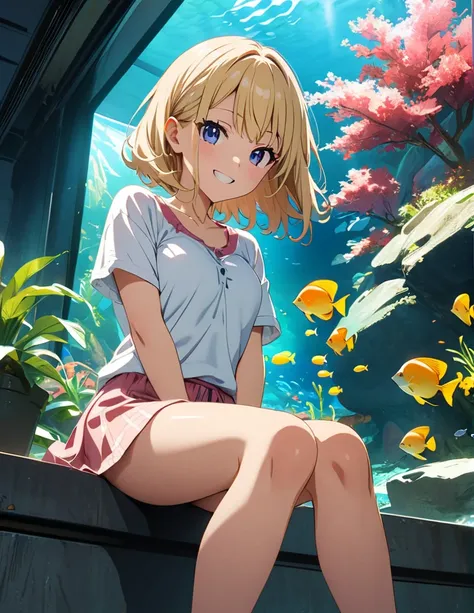 (anime artwork, anime style, studio anime, very detailed, up to date, vibrant, Anime Coloring, high contrast, masterpiece:1.2, best quality, best aesthetics),1 girl, Medium chest, A glimpse of thighs,happy,aquarium, smile, summer clothes,