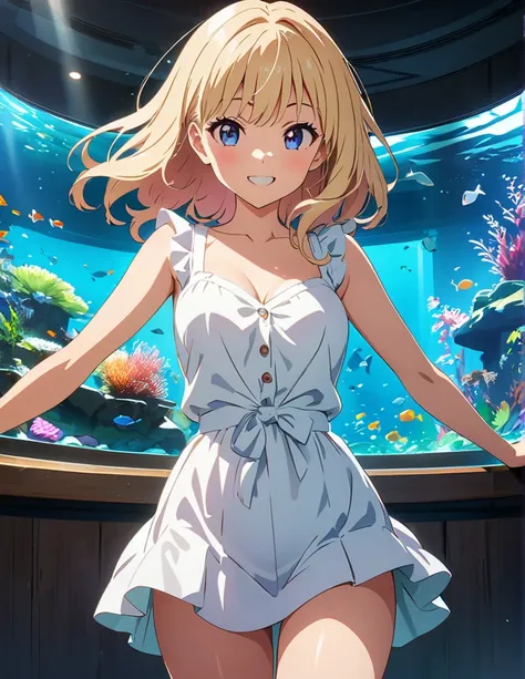 (anime artwork, anime style, studio anime, very detailed, up to date, vibrant, Anime Coloring, high contrast, masterpiece:1.2, best quality, best aesthetics),1 girl, Medium chest, A glimpse of thighs,happy,aquarium, smile, summer clothes,