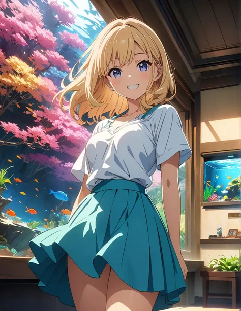 (anime artwork, anime style, studio anime, very detailed, up to date, vibrant, Anime Coloring, high contrast, masterpiece:1.2, best quality, best aesthetics),1 girl, Medium chest, A glimpse of thighs,happy,aquarium, smile, summer clothes,