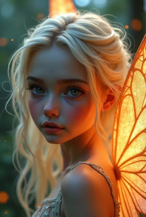 a beautiful fairy girl, delicate facial features, long eyelashes, porcelain skin, detailed intricate wings, whimsical expression, colorful fantasy forest background, magical glowing lights, warm soft lighting, vibrant colors, ethereal atmospheric, highly d...