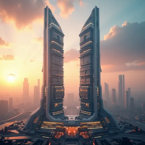 Skyline with two futuristic skyscrapers.