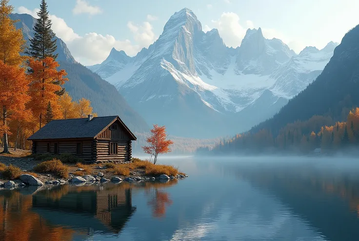 A serene mountain landscape in autumn, with colorful trees, a calm lake reflecting the mountains, and a solitary cabin by the water