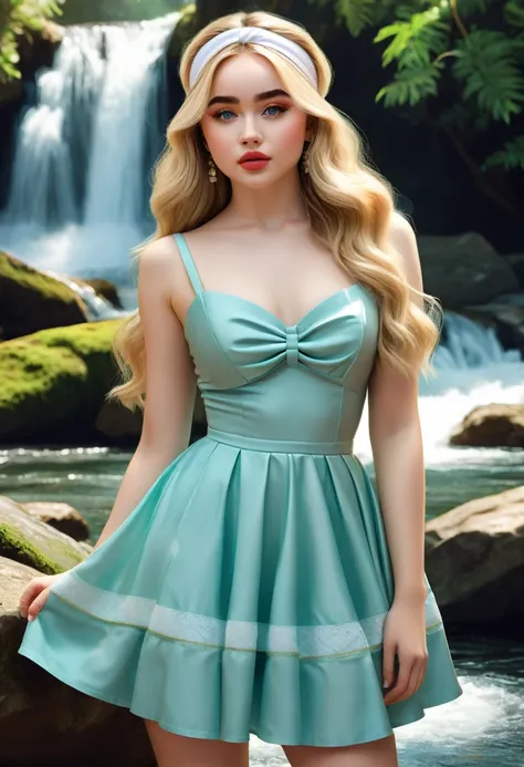 thirst trap beautiful women that looks like sabrina carpenter. green sun dress, clean girl aesthetic. her hair iblonde super str...