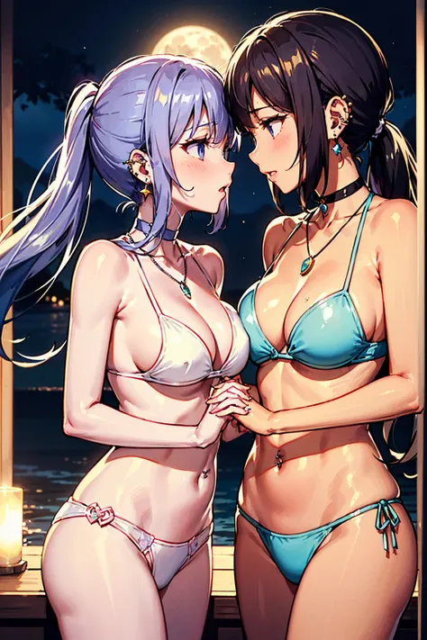 (high detail, high quality, best picture quality, masterpiece), multiple girls　from above　at a long distance　in a rule of thirds composition　Two cute Girls　Night sea　moon　moonlit sea　Two people illuminated by the moonlight　Strong counterflow　(The girl on t...