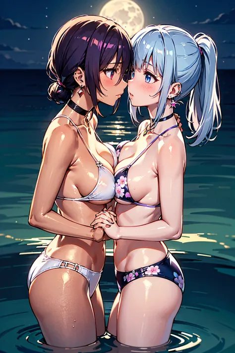 (high detail, high quality, best picture quality, masterpiece), multiple girls　from above　at a long distance　in a rule of thirds composition　Two cute Girls　Night sea　moon　moonlit sea　Two people illuminated by the moonlight　Strong counterflow　(The girl on t...